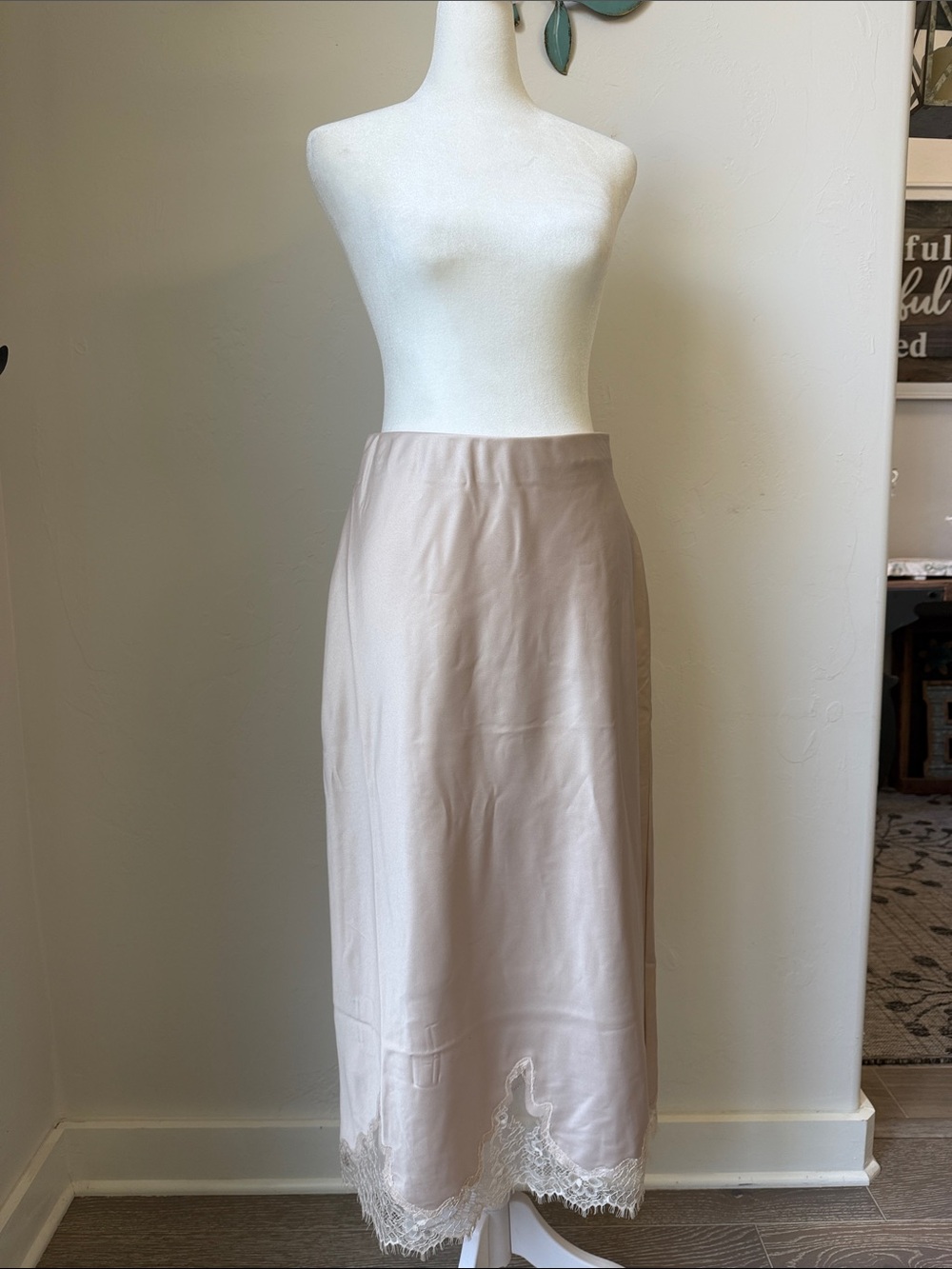 NWT Lace-Hem Midi Slip Skirt in Champagne Mist